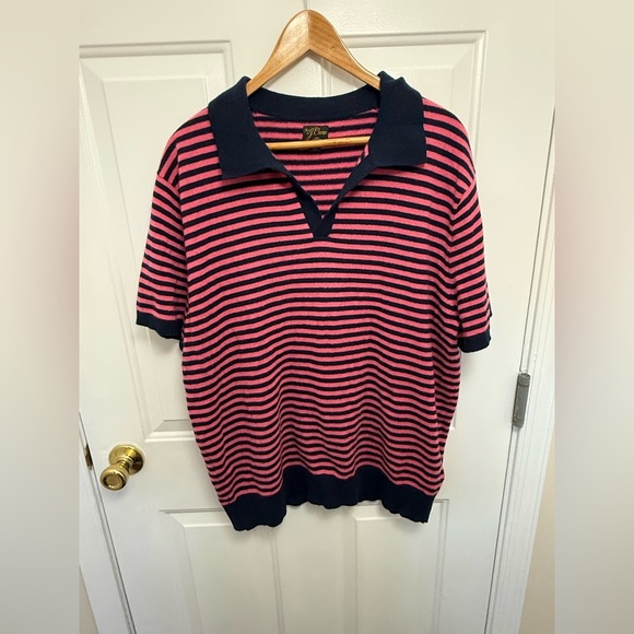 Men’s J.Crew Pink And Blue Striped Cashmere Johnny Collar Short Sleeve Top XL - Picture 2 of 8